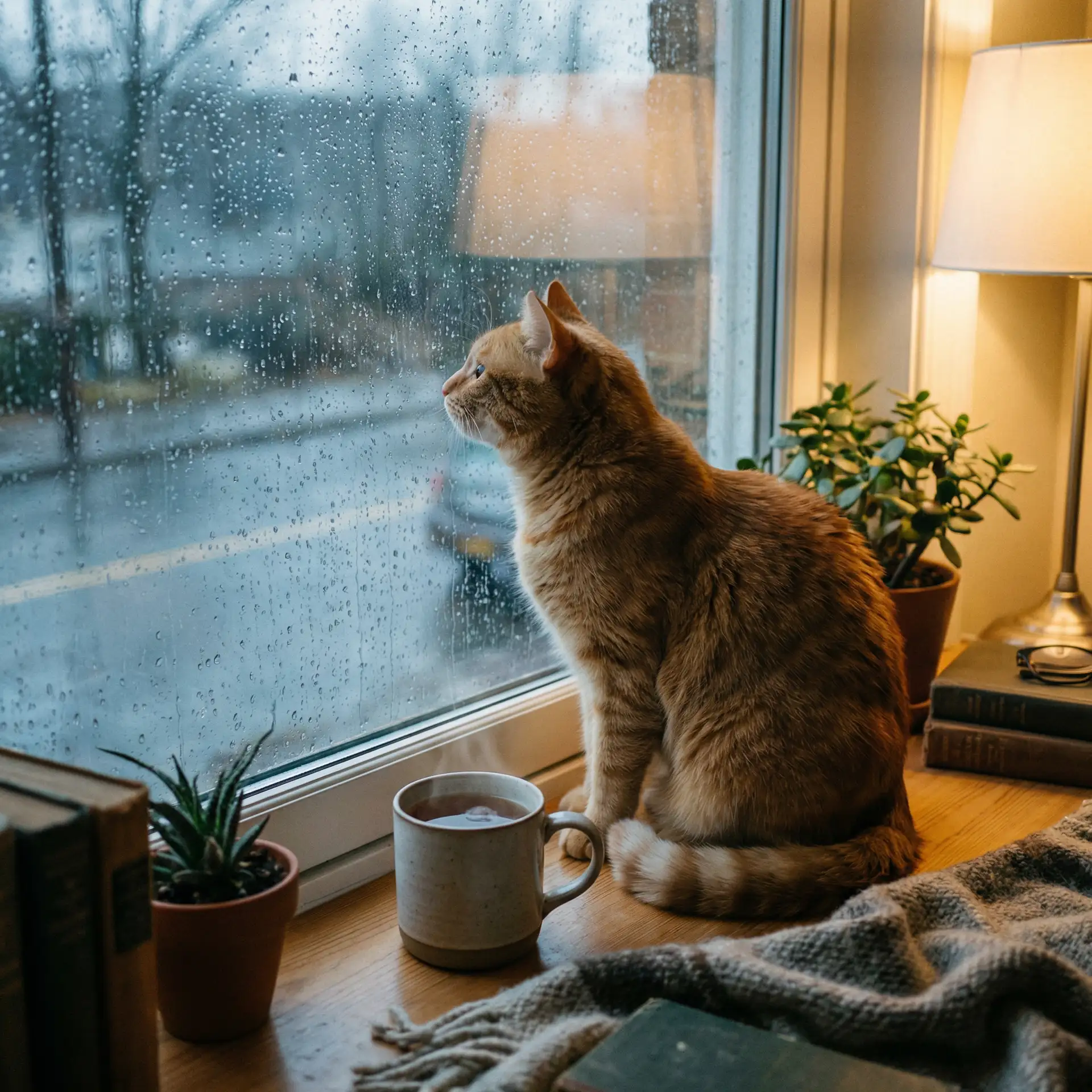 猫咪望着窗外的雨 - anqula